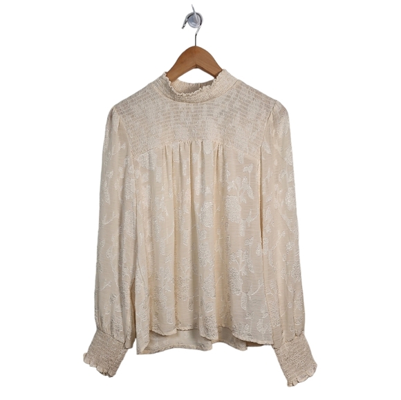 Knox Rose blouse sheer cream smocked jacquard long sleeves back button medium - Picture 2 of 7